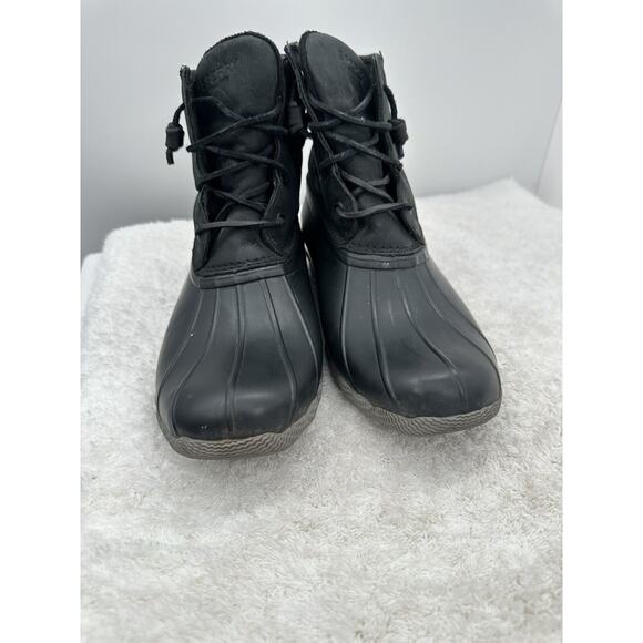 Sperry Boots Womens 10 Saltwater Lace Up Zip Ankle Duck Boot 86423 Black Leather - Picture 2 of 11